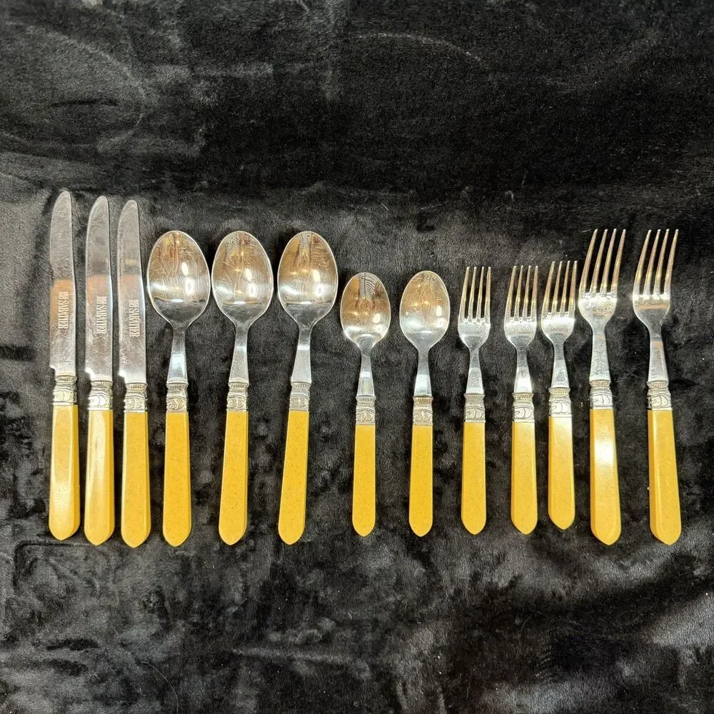 Sabatier Cannes Gold Vintage 18/10 Stainless Flatware 13 Pc Set Yellow Handles